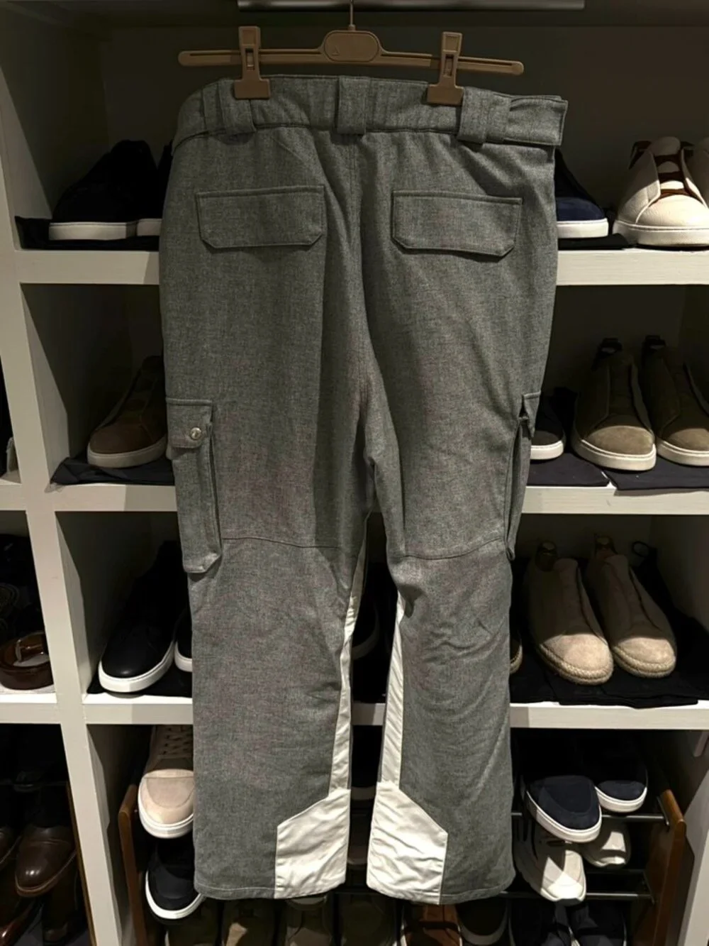 Brunello Cucinelli men's ski trousers in grey and white wool/cashmere/silk, size